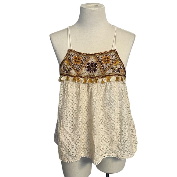 HD In Paris Anthropologie Lace Embellished Tassel Tank Top Boho Festival - Picture 1 of 6